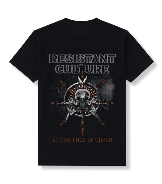 RESISTANT CULTURE "In the Face of Chaos" front and back printed black t-shirt