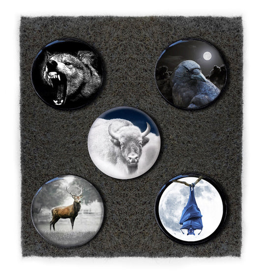 1" Buttons "Animal Nations Collection" Wolf Raven Buffalo Buck Bat