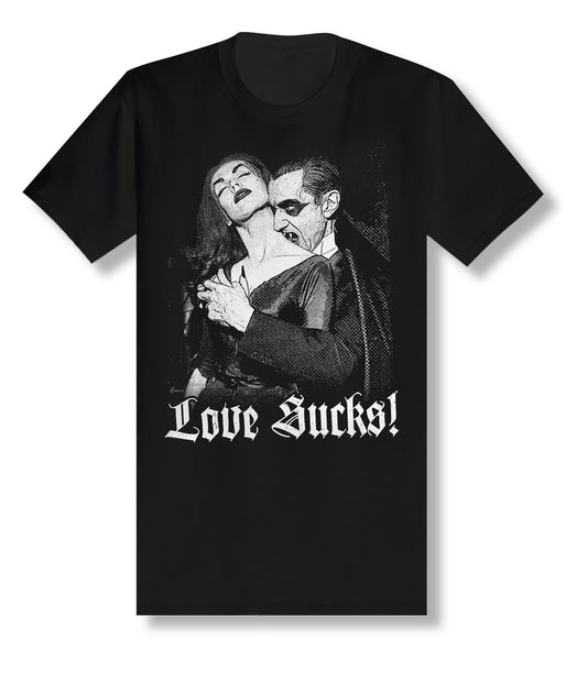Dracula and Vampira Monster Mash "Love Sucks!" Classic Horror Everyday is Halloween black t-shirt