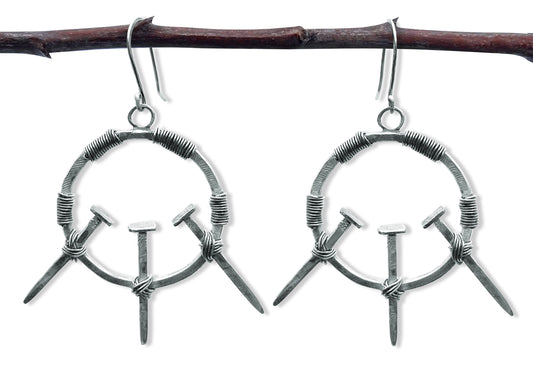 HOOPS AND NAILS Earrings, Sterling Silver, Handmade, Wire-Wrapped, Alchemy, Witchy, Crust Metal, Goth, Industrial, Vintage, Esoteric