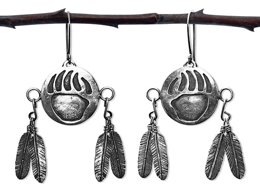 BEAR PAW PRINT Shield with Feather Earrings, Sterling Silver, Handmade, Wire-Wrapped, Hanging, Indigenous, Tribal