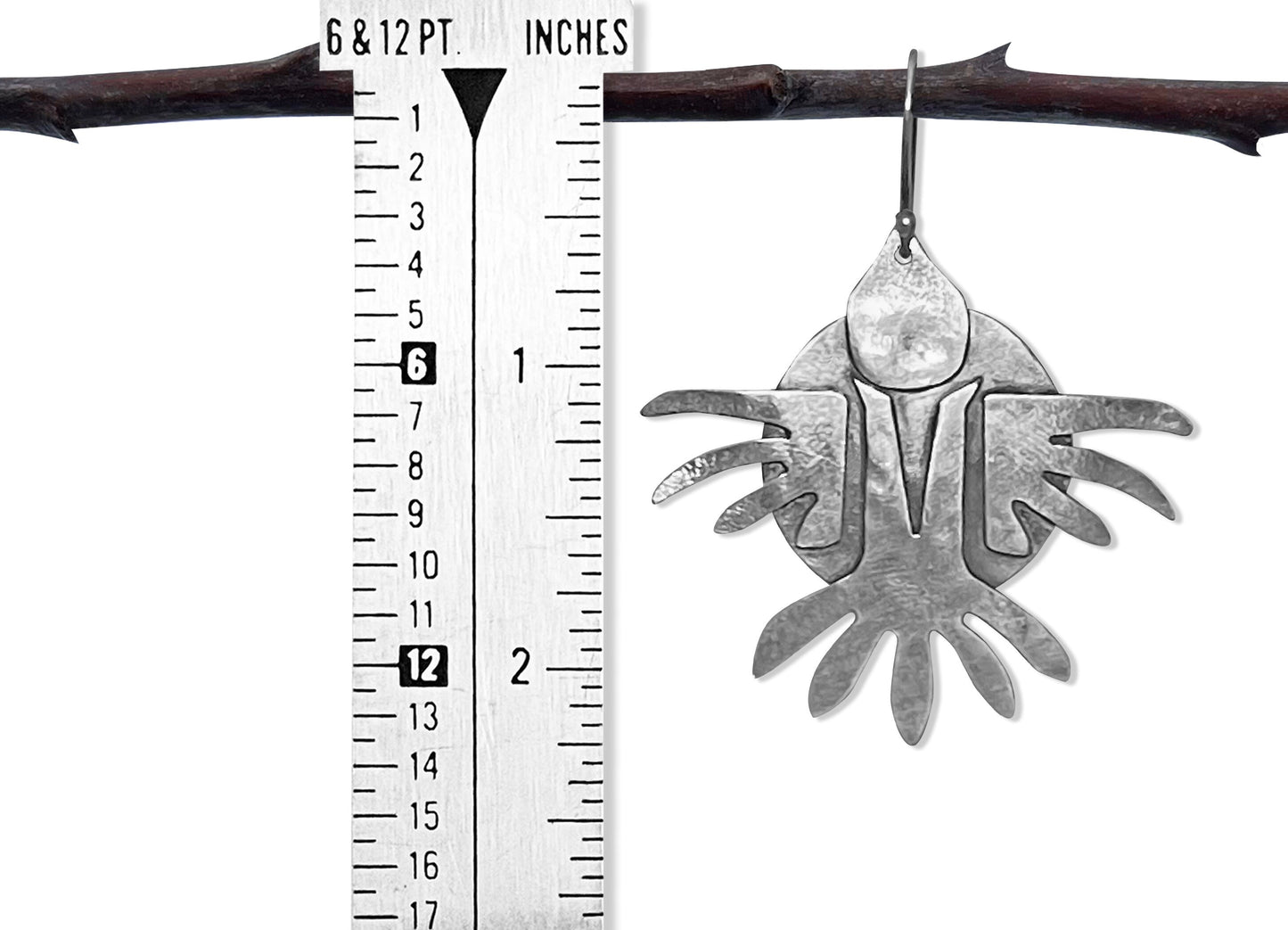 CROW AND SUN Earrings, Sterling Silver, Handmade, Hanging, Indigenous, Tribal