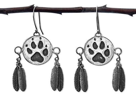 INDIGENOUS WOLF PAW Shield Feather Earrings, Sterling Silver, Handmade, Wire-Wrapped, Hanging, Native, Tribal