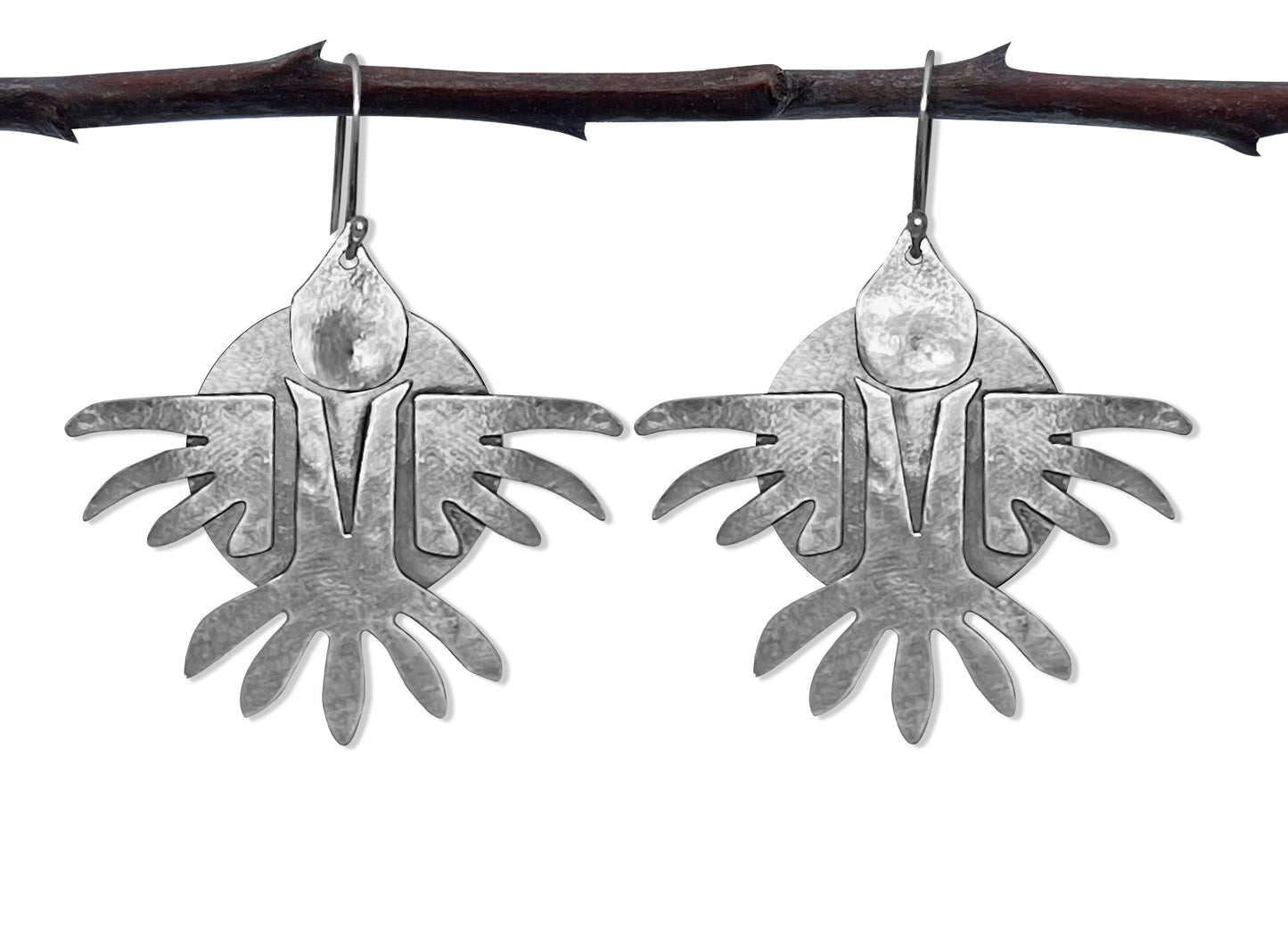CROW AND SUN Earrings, Sterling Silver, Handmade, Hanging, Indigenous, Tribal