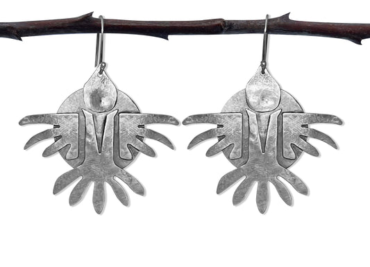 CROW AND SUN Earrings, Sterling Silver, Handmade, Hanging, Indigenous, Tribal
