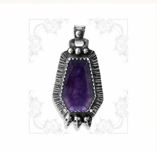COFFIN & SKULLS PENDANT Sterling Silver, Amethyst stone, Handmade, Goth, Industrial, Rockabilly, Punk, Vintage style, Esoteric.