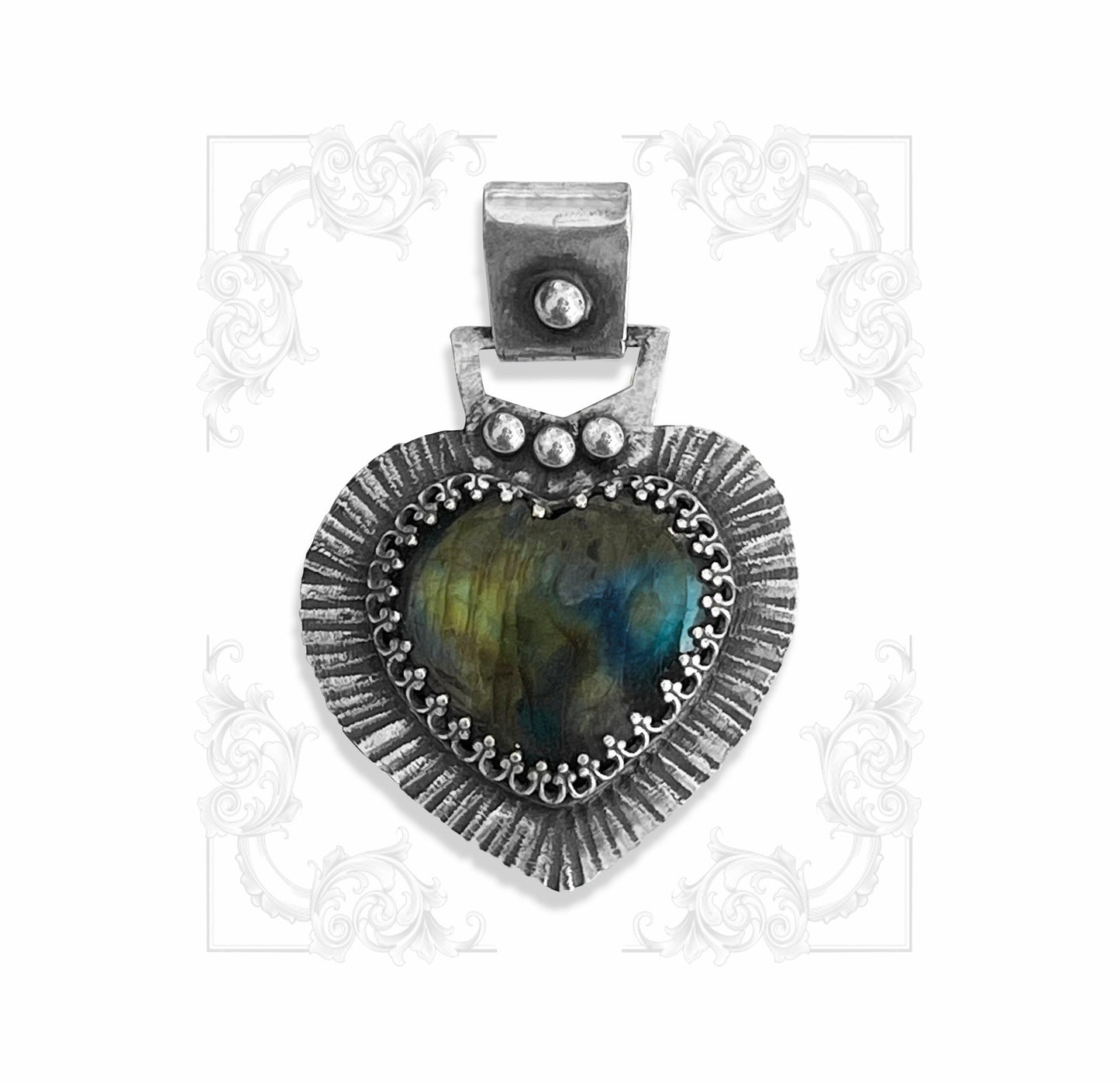 HEART PENDANT Sterling Silver, Labradorite stone, Handmade, Goth, Industrial, Rockabilly, Punk, Vintage style, Esoteric.